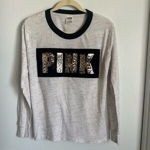 Victoria's Secret PINK Top Bling Silver‎ Sequin Gray Black T Shirt S Long Sleeve